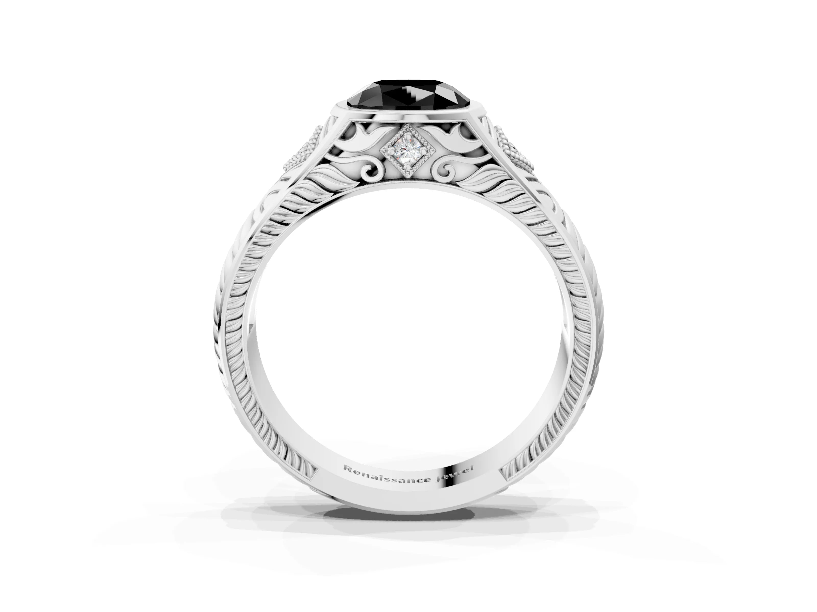 Platinum Hexagonal Bezel Fancy Black Cushion Cut Diamond Engraved Band Prong Ring_39