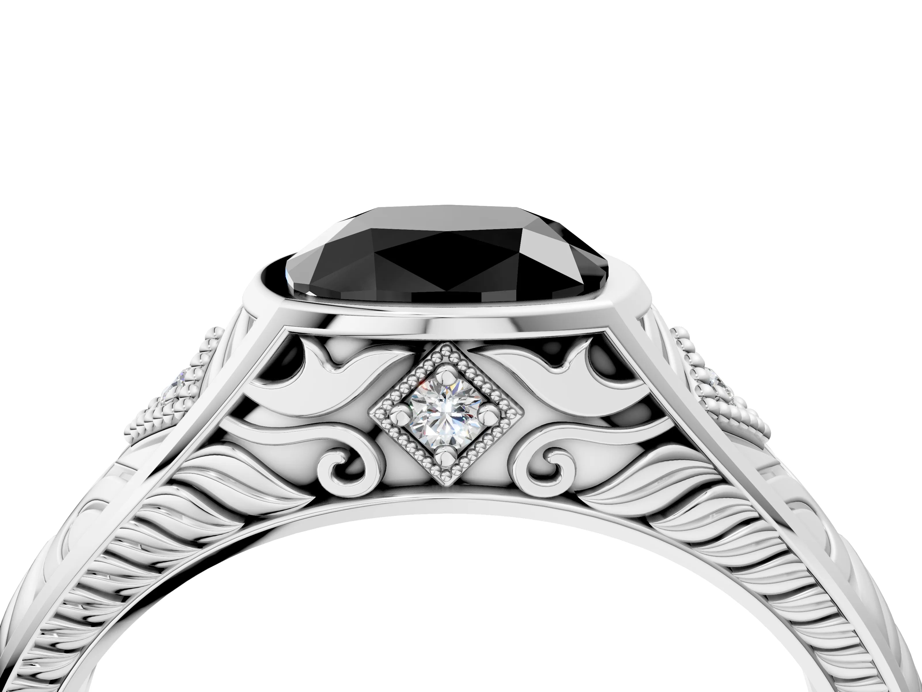 Platinum Hexagonal Bezel Fancy Black Cushion Cut Diamond Engraved Band Prong Ring_40