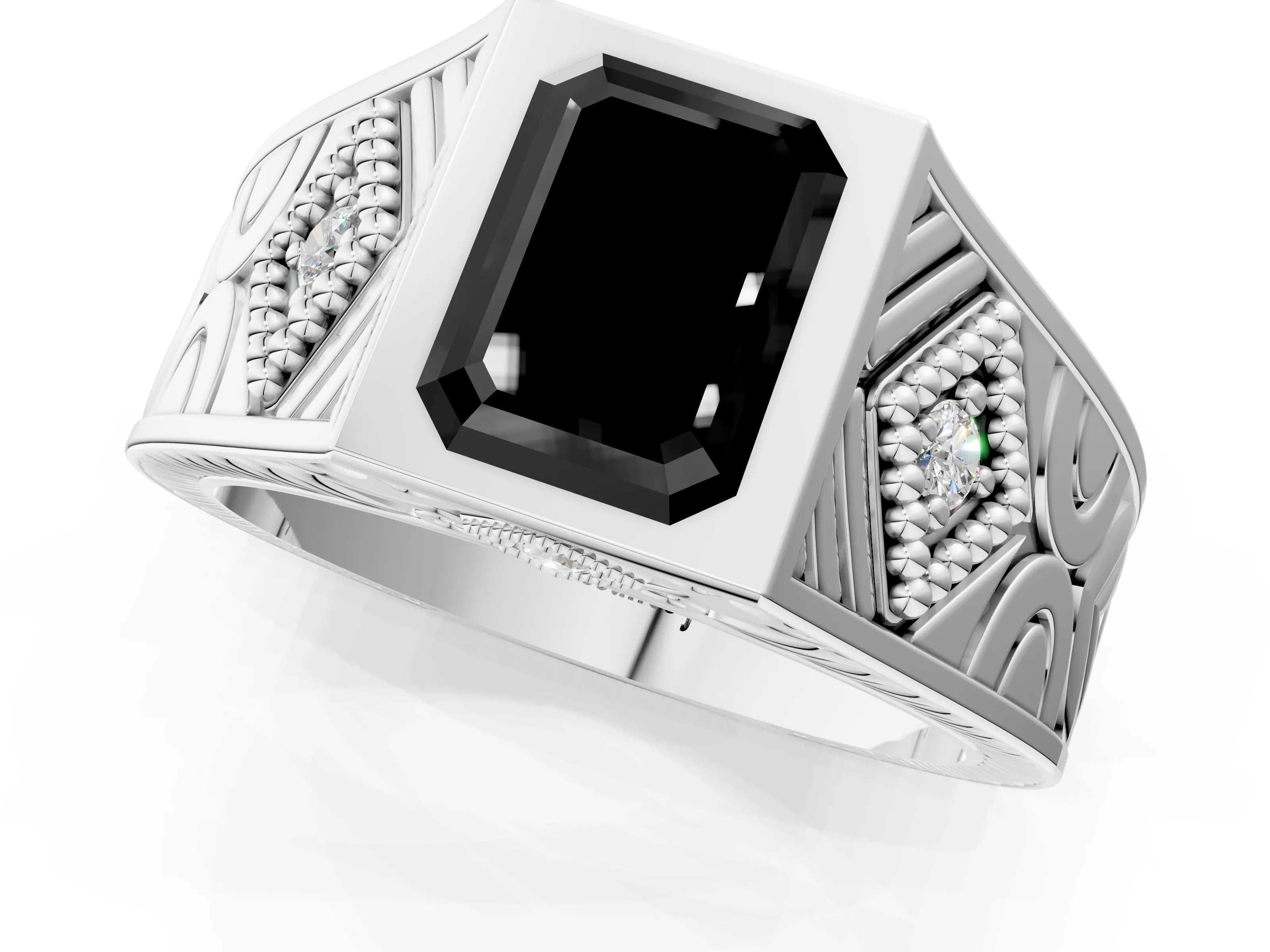 Platinum Hexagonal Bezel Fancy Black Emerald Cut Diamond Engraved Band Prong Ring_13