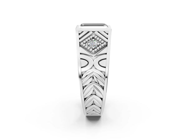 Platinum Hexagonal Bezel Fancy Black Emerald Cut Diamond Engraved Band Prong Ring