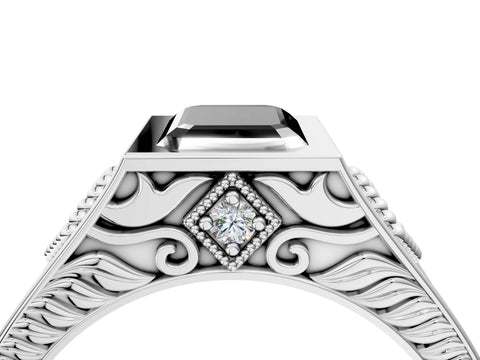 Platinum Hexagonal Bezel Fancy Black Emerald Cut Diamond Engraved Band Prong Ring_16