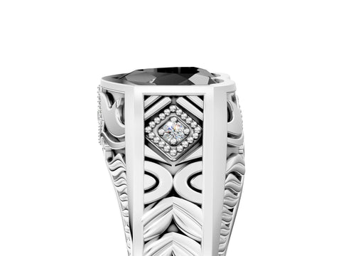 Platinum Hexagonal Bezel Fancy Black Heart Cut Diamond Engraved Band Prong Ring_65