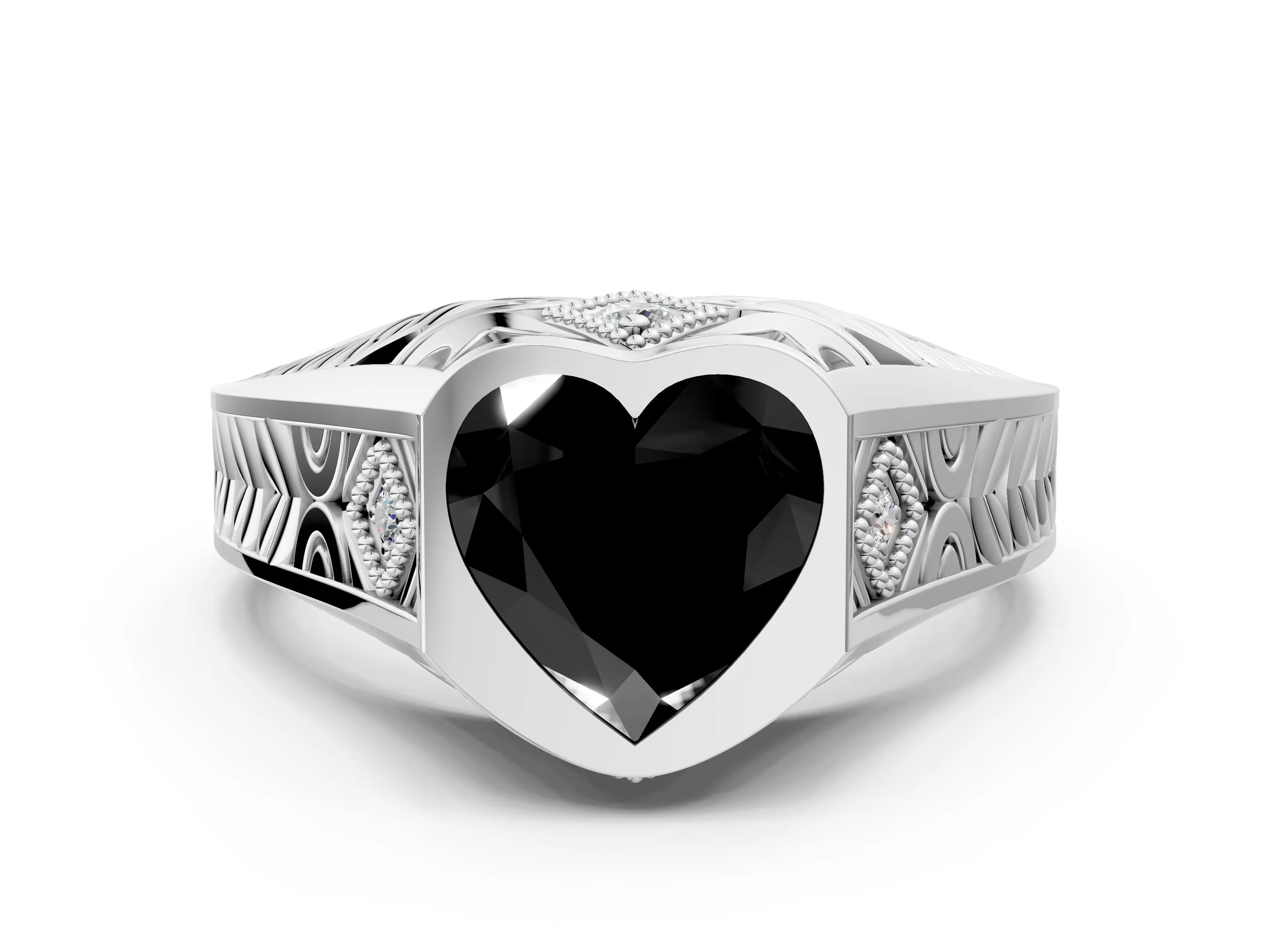 Platinum Hexagonal Bezel Fancy Black Heart Cut Diamond Engraved Band Prong Ring_84
