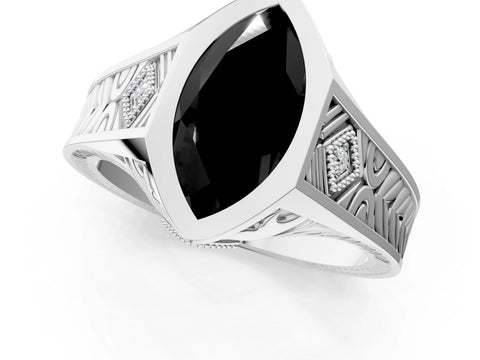 Platinum Hexagonal Bezel Fancy Black Marquise Cut Diamond Engraved Band Prong Ring_37