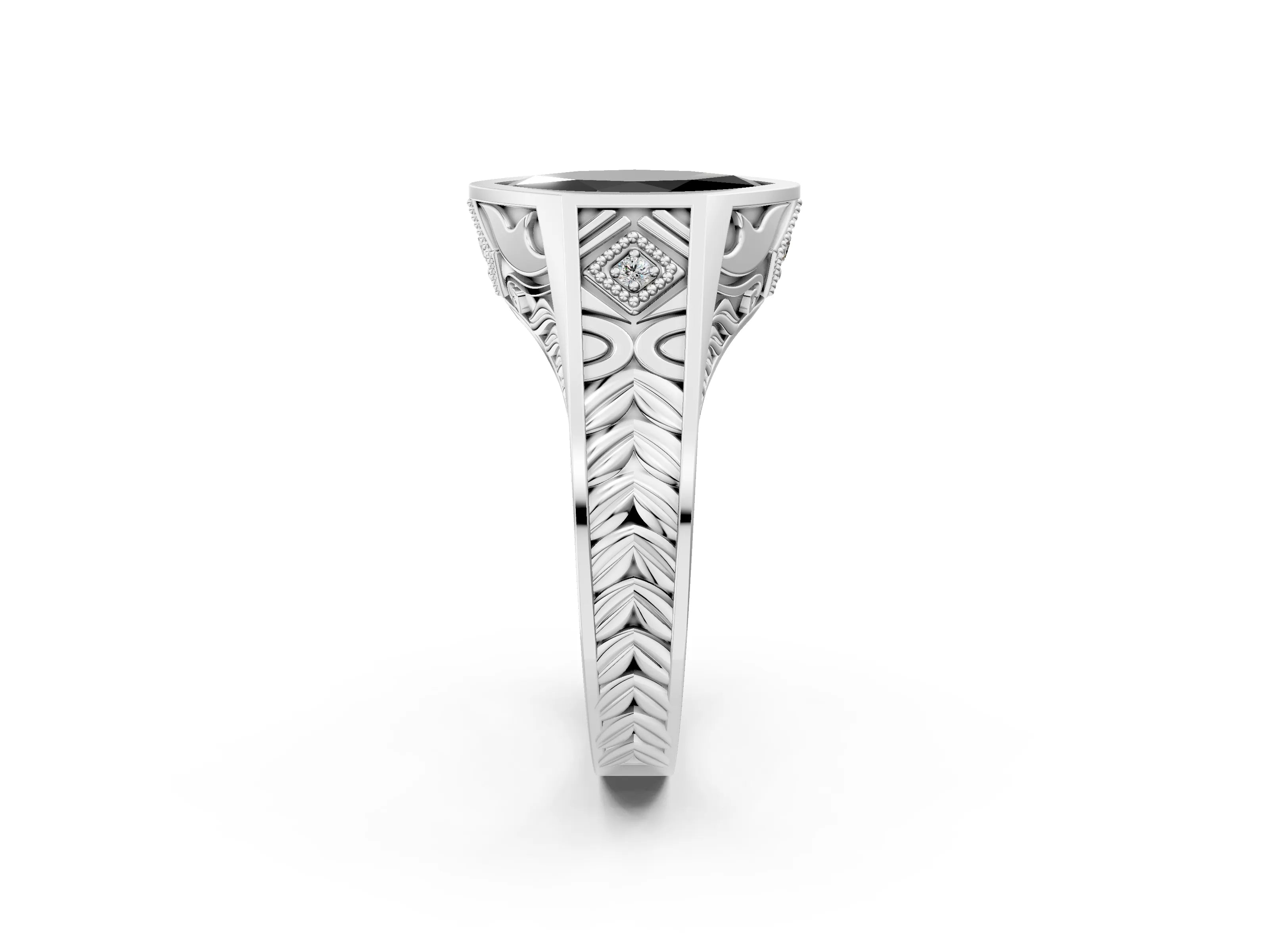 Platinum Hexagonal Bezel Fancy Black Marquise Cut Diamond Engraved Band Prong Ring_38