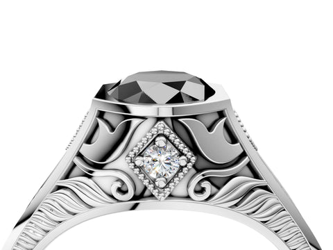Platinum Hexagonal Bezel Fancy Black Oval Cut Diamond Engraved Band Prong Ring_16