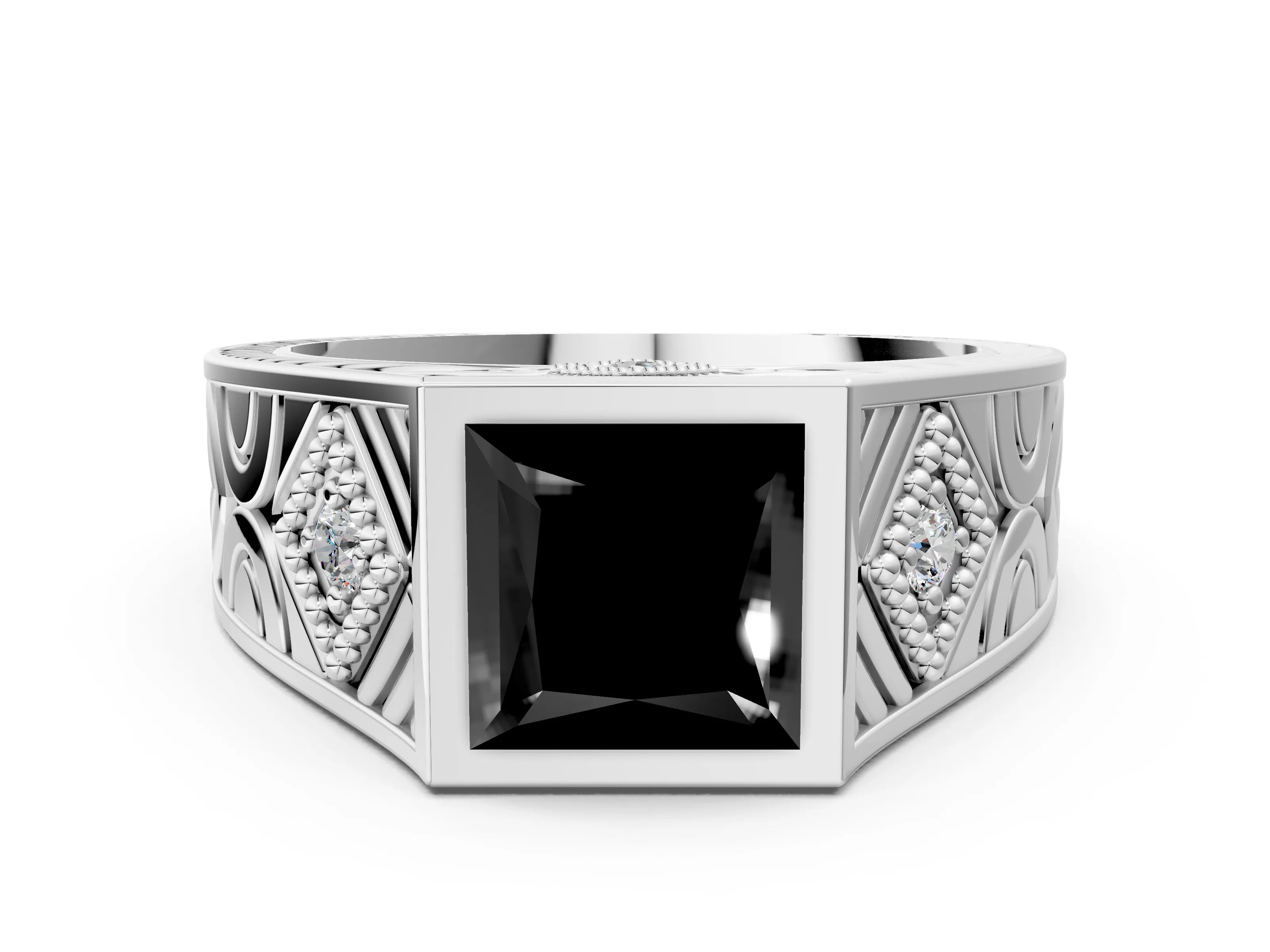 Platinum Hexagonal Bezel Fancy Black Princess Cut Diamond Engraved Band Prong Ring_12