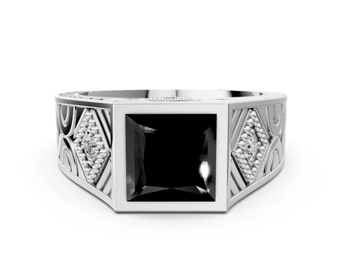 Platinum Hexagonal Bezel Fancy Black Princess Cut Diamond Engraved Band Prong Ring_12