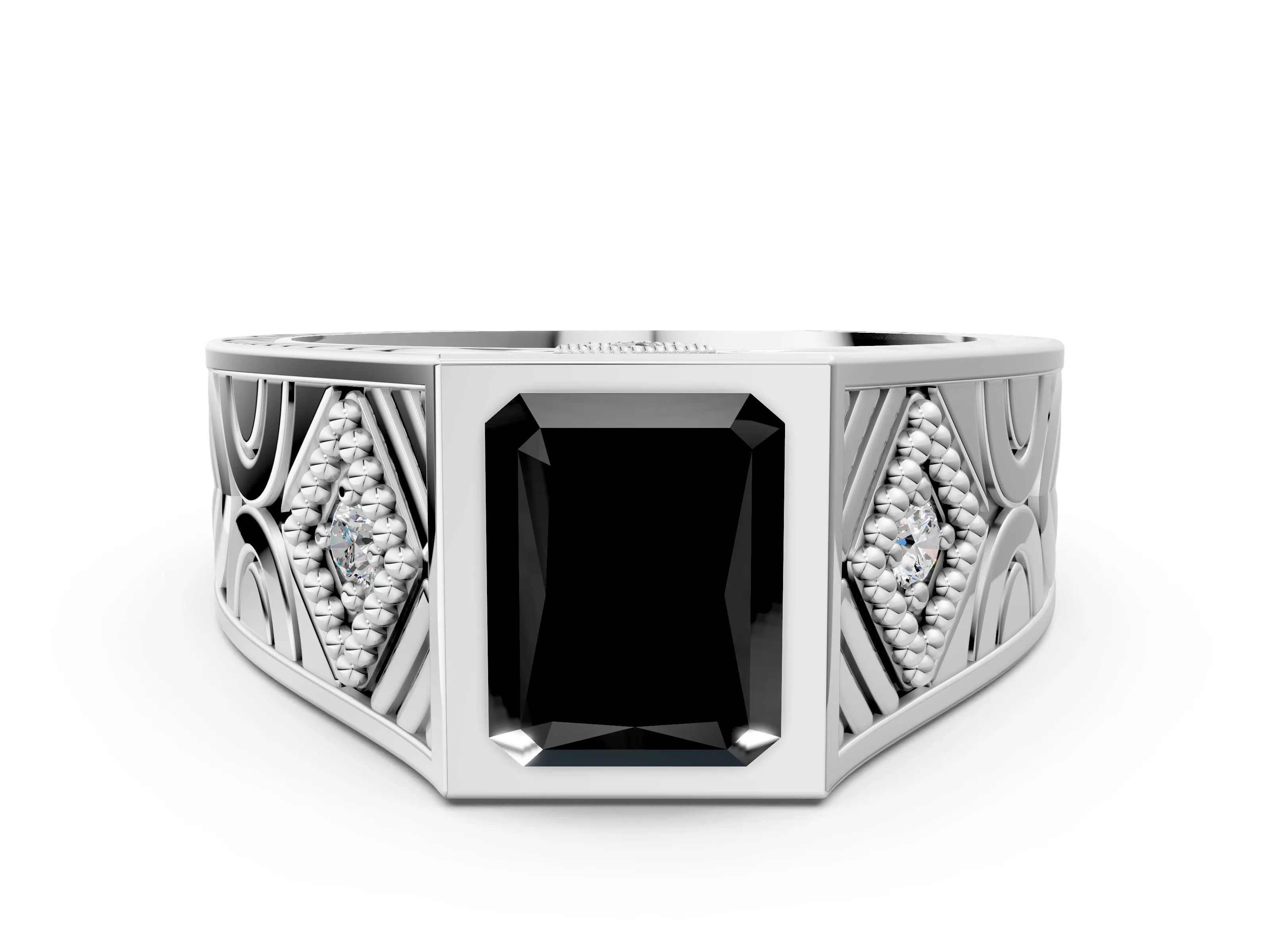 Platinum Hexagonal Bezel Fancy Black Radiant Cut Diamond Engraved Band Prong Ring_12