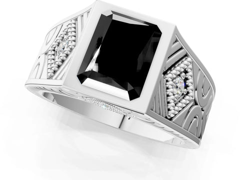 Platinum Hexagonal Bezel Fancy Black Radiant Cut Diamond Engraved Band Prong Ring_13