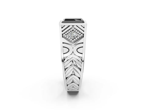 Platinum Hexagonal Bezel Fancy Black Radiant Cut Diamond Engraved Band Prong Ring_14