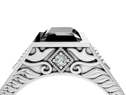 Platinum Hexagonal Bezel Fancy Black Radiant Cut Diamond Engraved Band Prong Ring_16