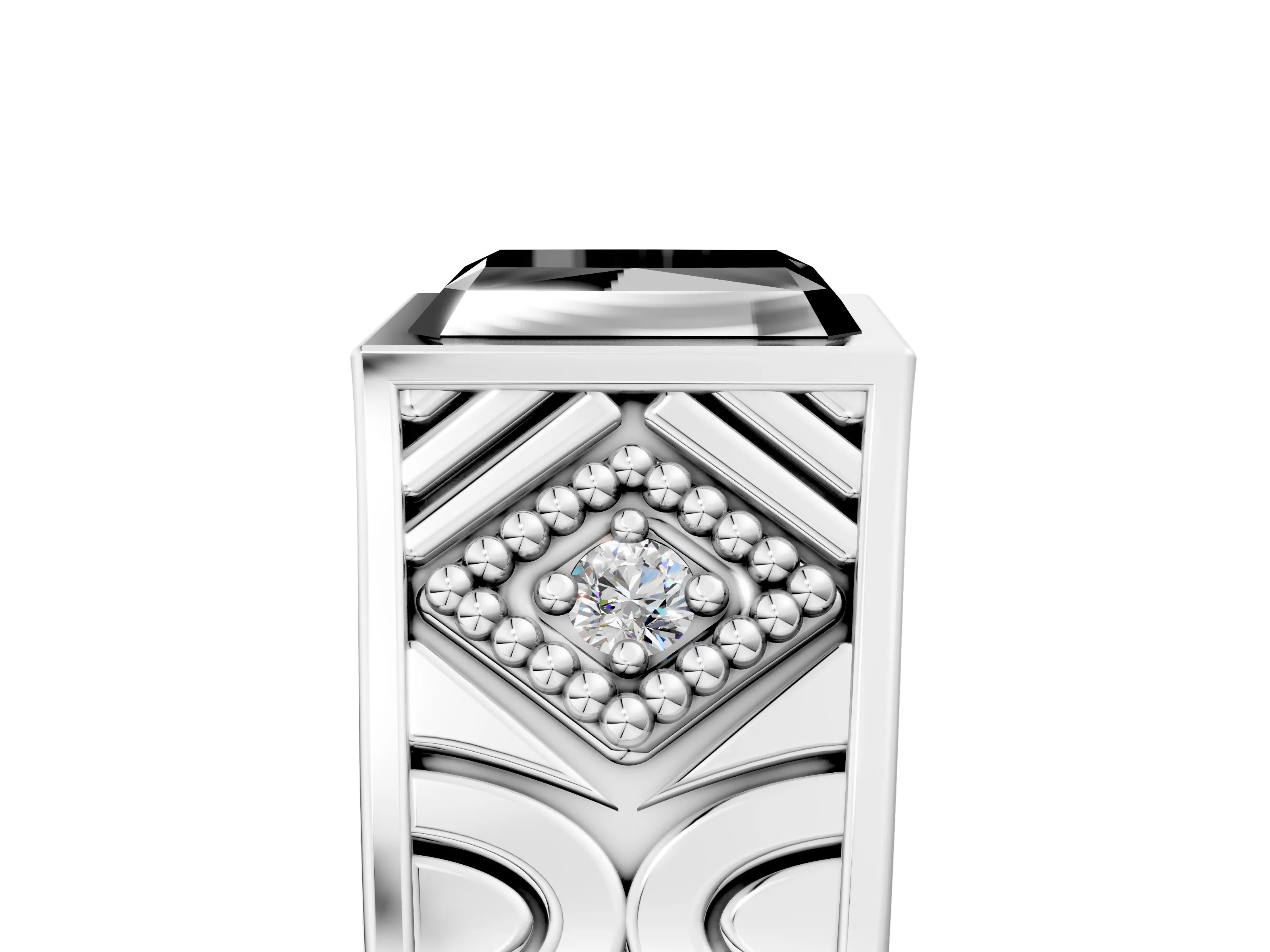 Platinum Hexagonal Bezel Fancy Black Radiant Cut Diamond Engraved Band Prong Ring_17
