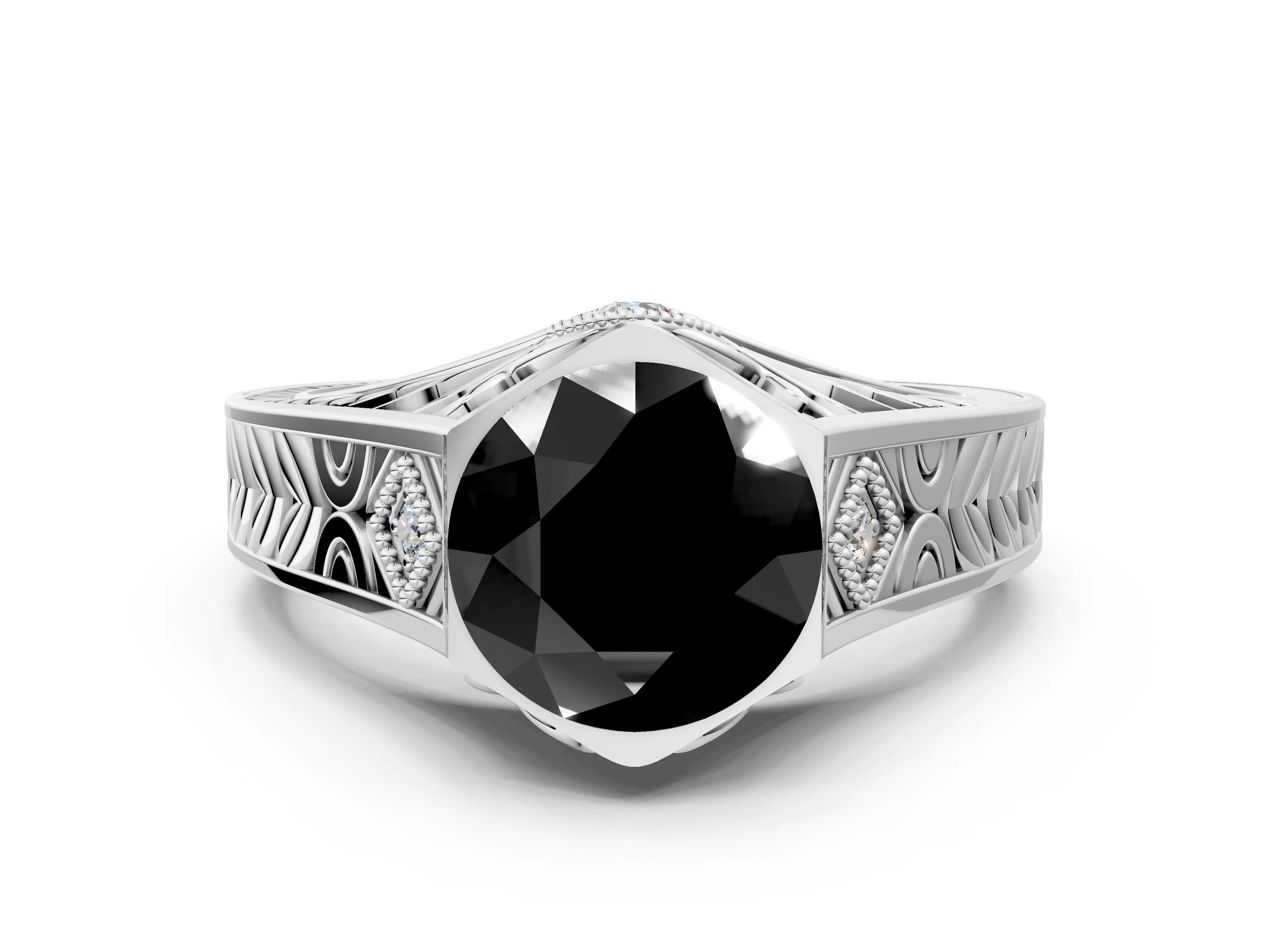 Platinum Hexagonal Bezel Fancy Black Round Cut Diamond Engraved Band Prong Ring_12
