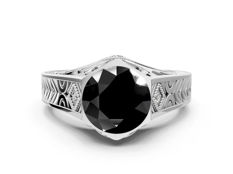 Platinum Hexagonal Bezel Fancy Black Round Cut Diamond Engraved Band Prong Ring_12