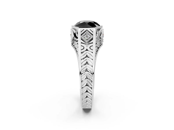 Platinum Hexagonal Bezel Fancy Black Round Cut Diamond Engraved Band Prong Ring