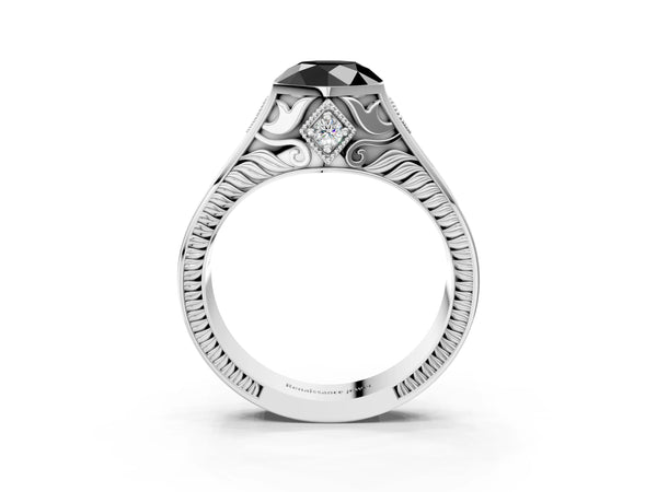 Platinum Hexagonal Bezel Fancy Black Round Cut Diamond Engraved Band Prong Ring
