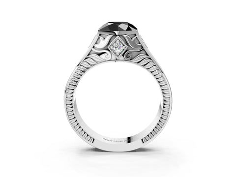 Platinum Hexagonal Bezel Fancy Black Round Cut Diamond Engraved Band Prong Ring_15