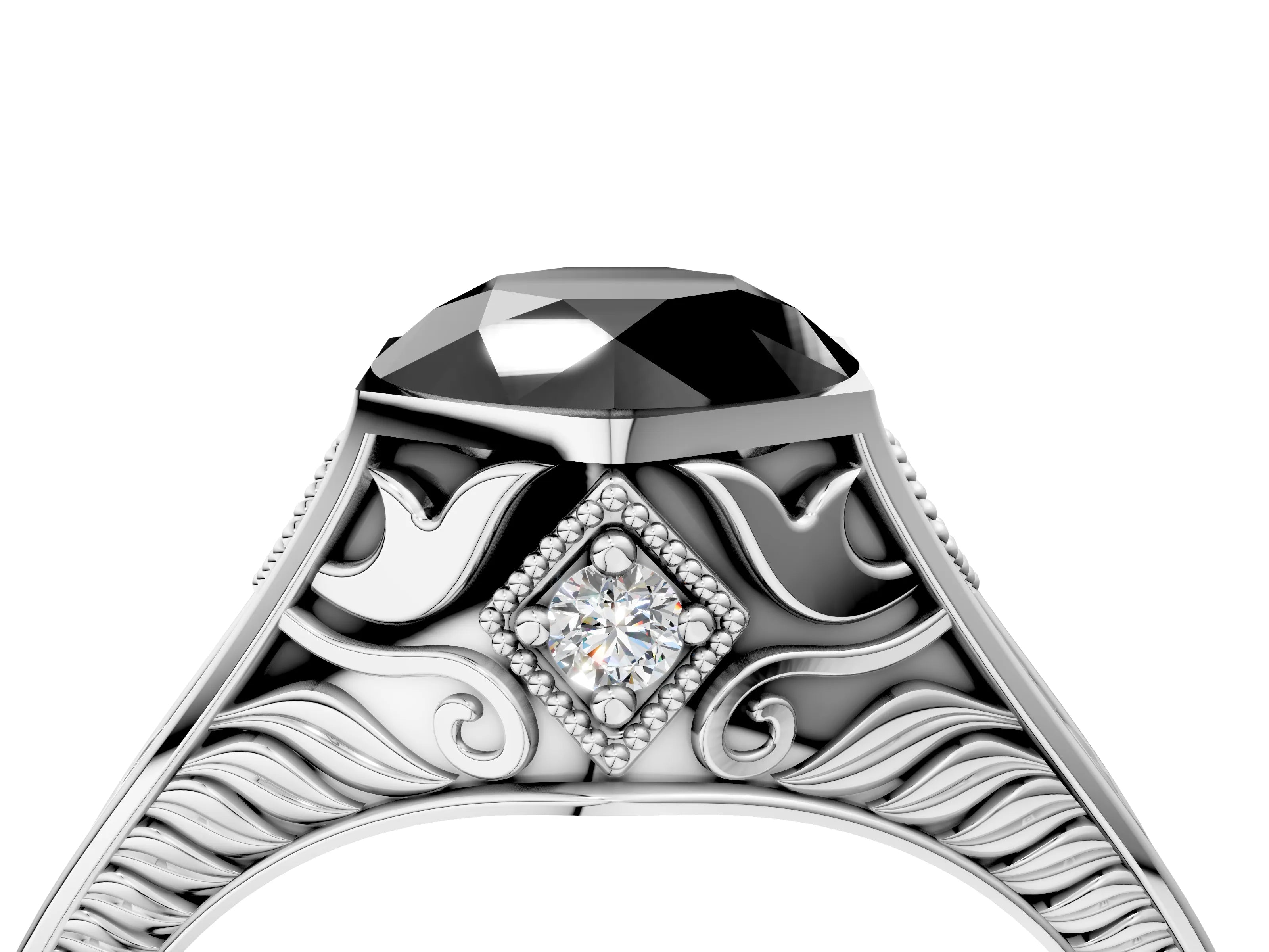 Platinum Hexagonal Bezel Fancy Black Round Cut Diamond Engraved Band Prong Ring_16