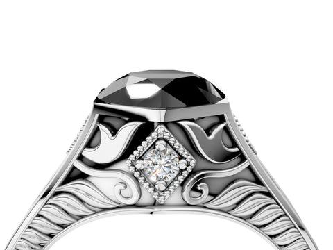Platinum Hexagonal Bezel Fancy Black Round Cut Diamond Engraved Band Prong Ring_16