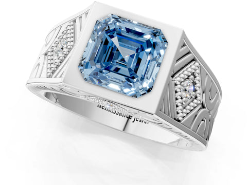 Platinum Hexagonal Bezel Fancy Blue Asscher Cut Diamond Engraved Band Prong Ring_13