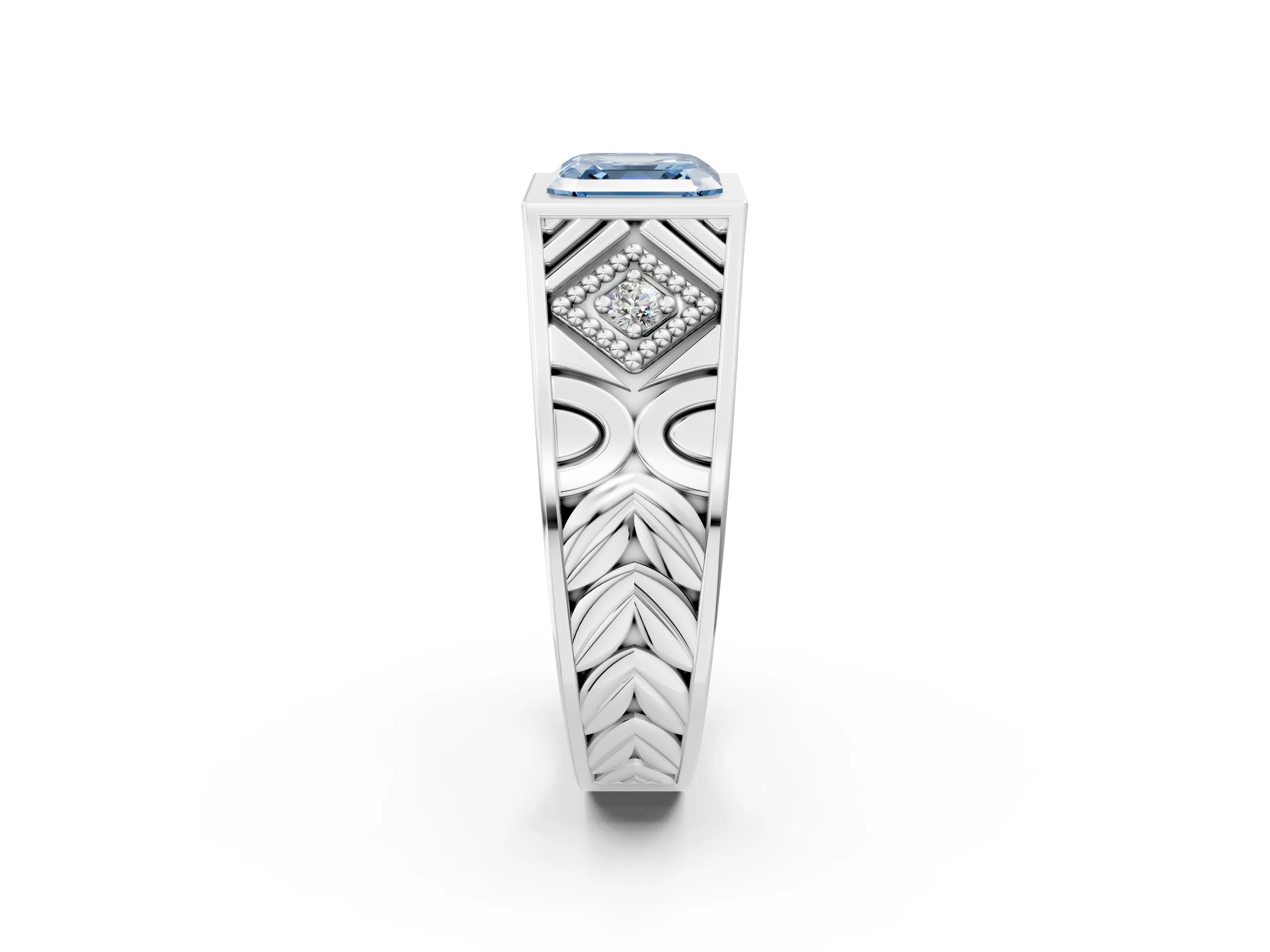 Platinum Hexagonal Bezel Fancy Blue Asscher Cut Diamond Engraved Band Prong Ring_14