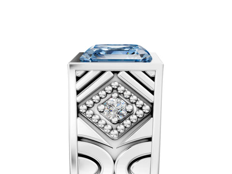 Platinum Hexagonal Bezel Fancy Blue Asscher Cut Diamond Engraved Band Prong Ring_17