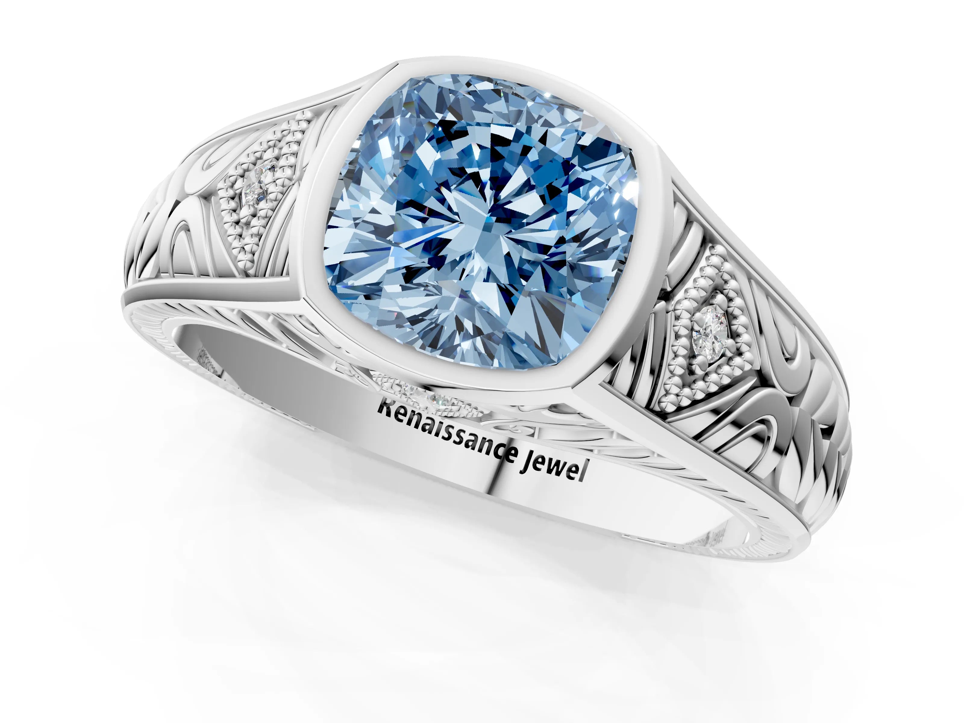 Platinum Hexagonal Bezel Fancy Blue Cushion Cut Diamond Engraved Band Prong Ring_31