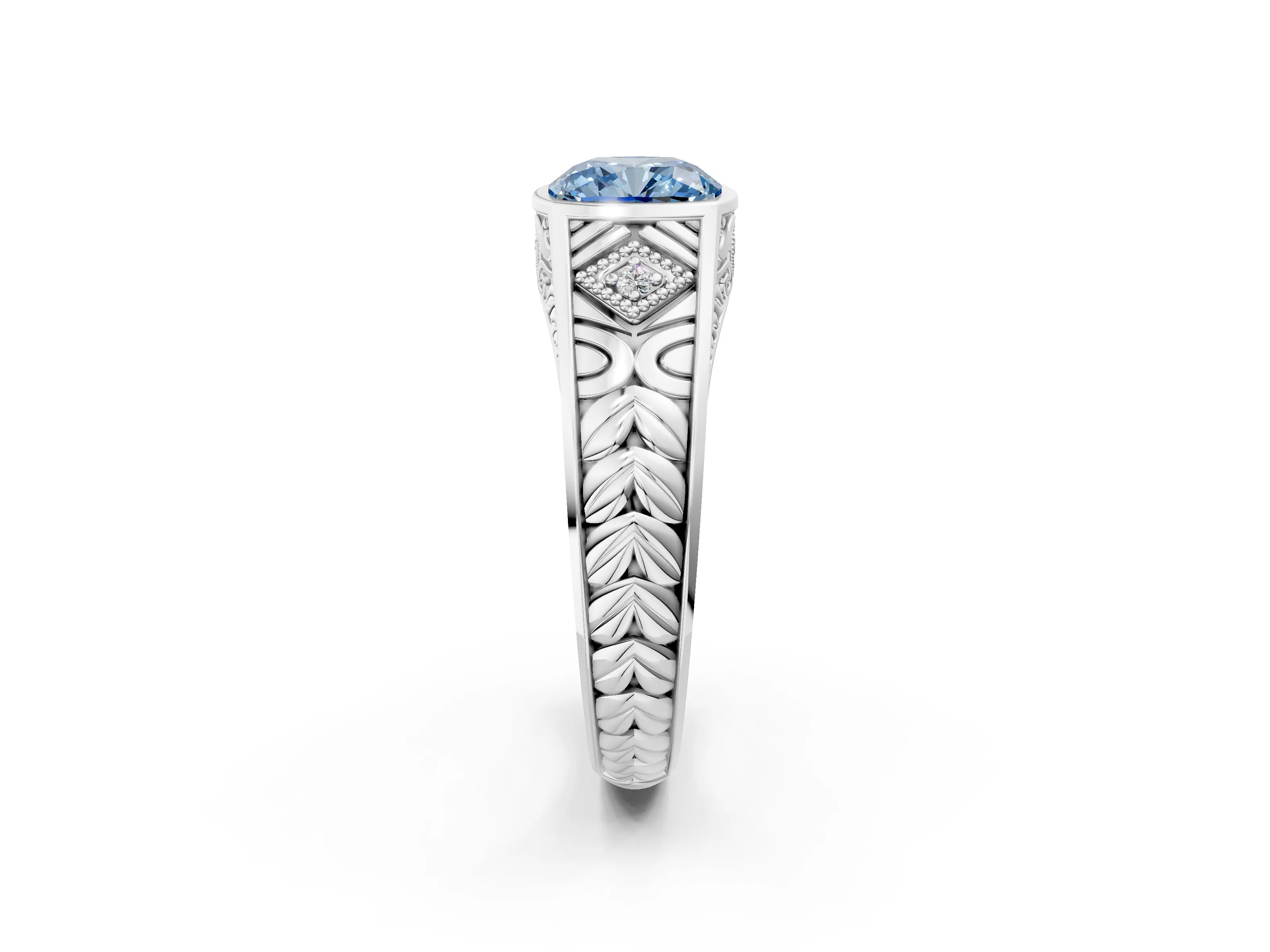 Platinum Hexagonal Bezel Fancy Blue Cushion Cut Diamond Engraved Band Prong Ring_32