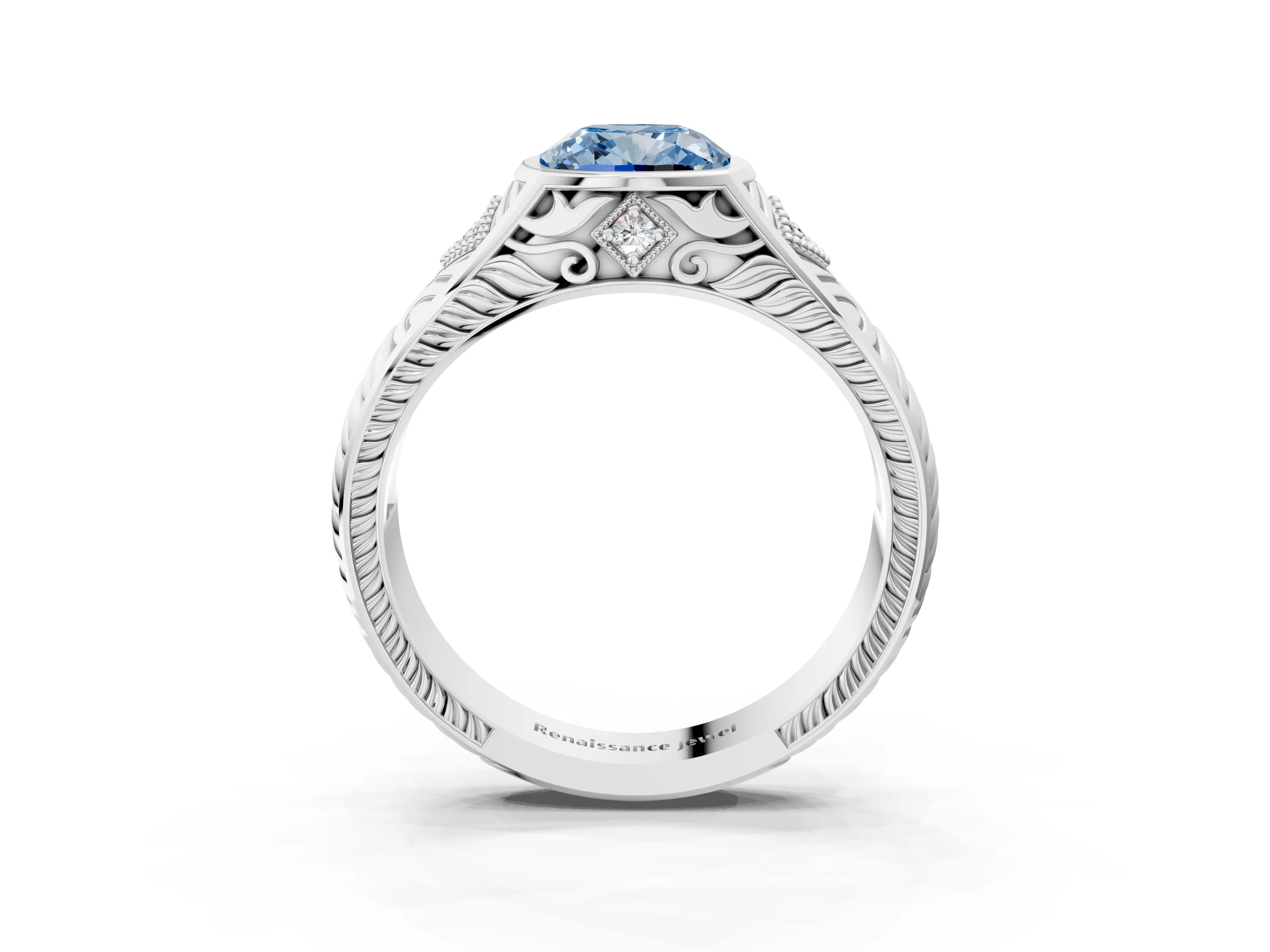 Platinum Hexagonal Bezel Fancy Blue Cushion Cut Diamond Engraved Band Prong Ring_33