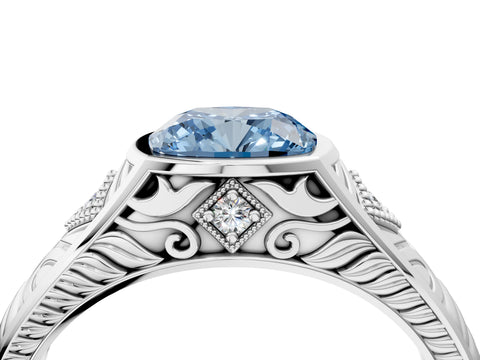 Platinum Hexagonal Bezel Fancy Blue Cushion Cut Diamond Engraved Band Prong Ring_34