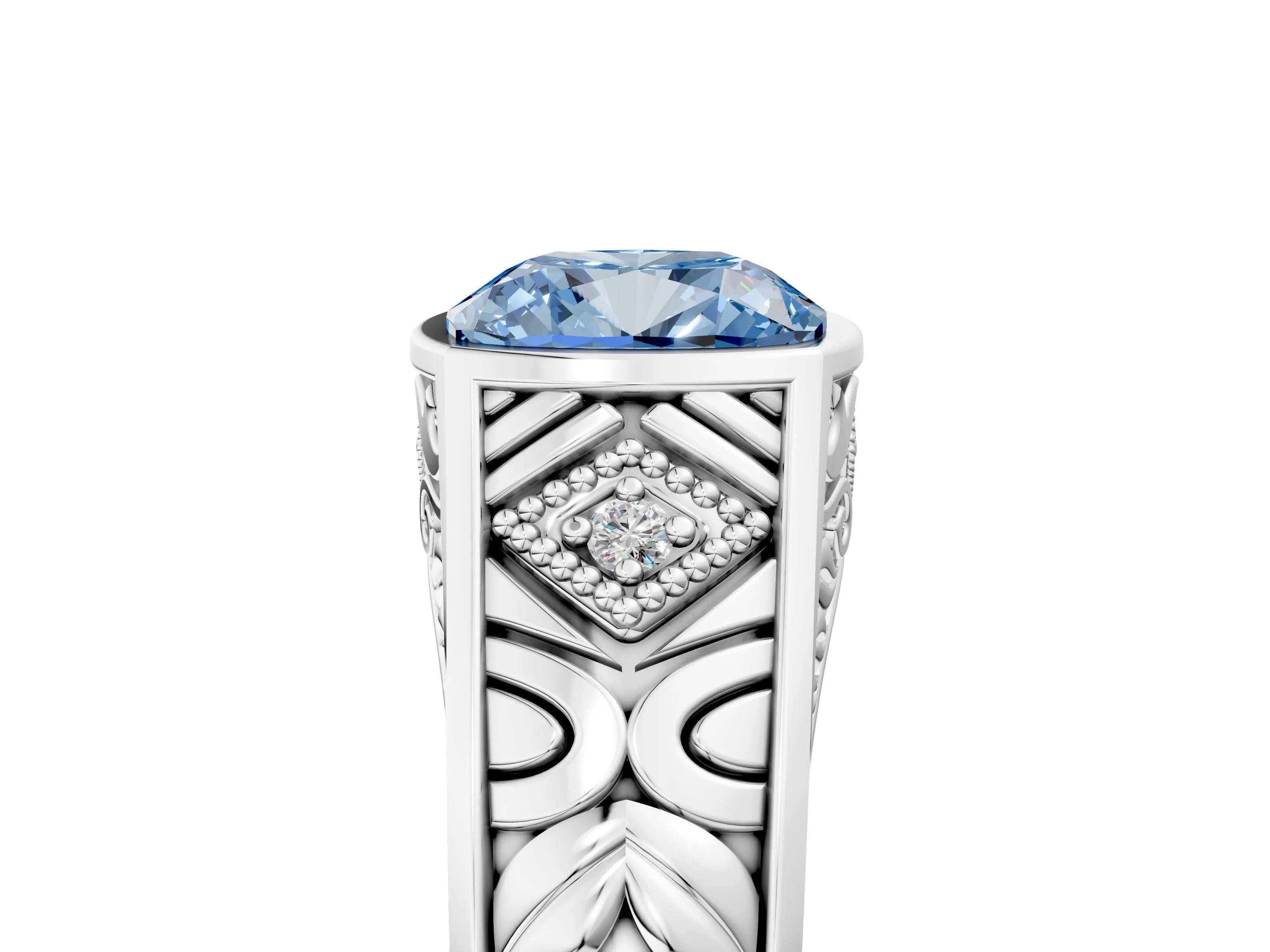 Platinum Hexagonal Bezel Fancy Blue Cushion Cut Diamond Engraved Band Prong Ring_35