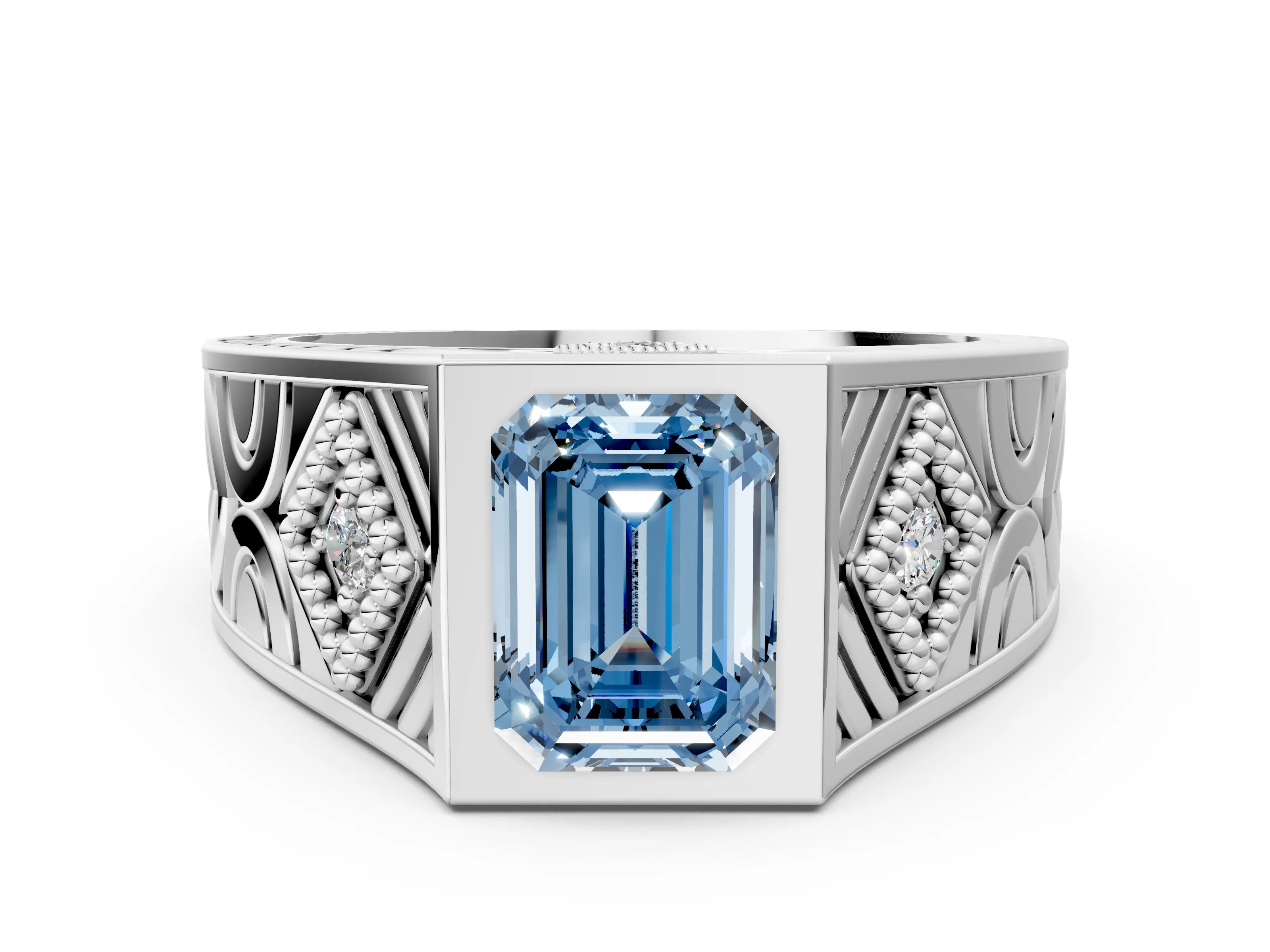 Platinum Hexagonal Bezel Fancy Blue Emerald Cut Diamond Engraved Band Prong Ring_12