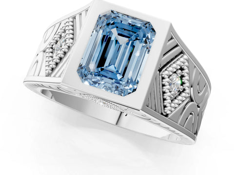 Platinum Hexagonal Bezel Fancy Blue Emerald Cut Diamond Engraved Band Prong Ring_13