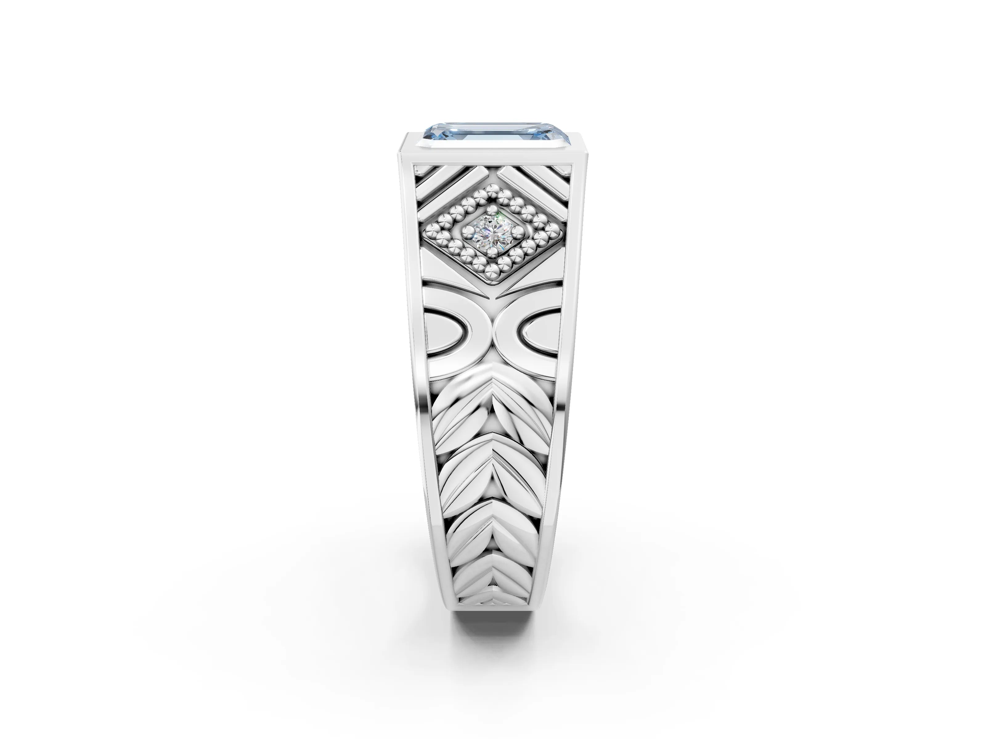 Platinum Hexagonal Bezel Fancy Blue Emerald Cut Diamond Engraved Band Prong Ring_14
