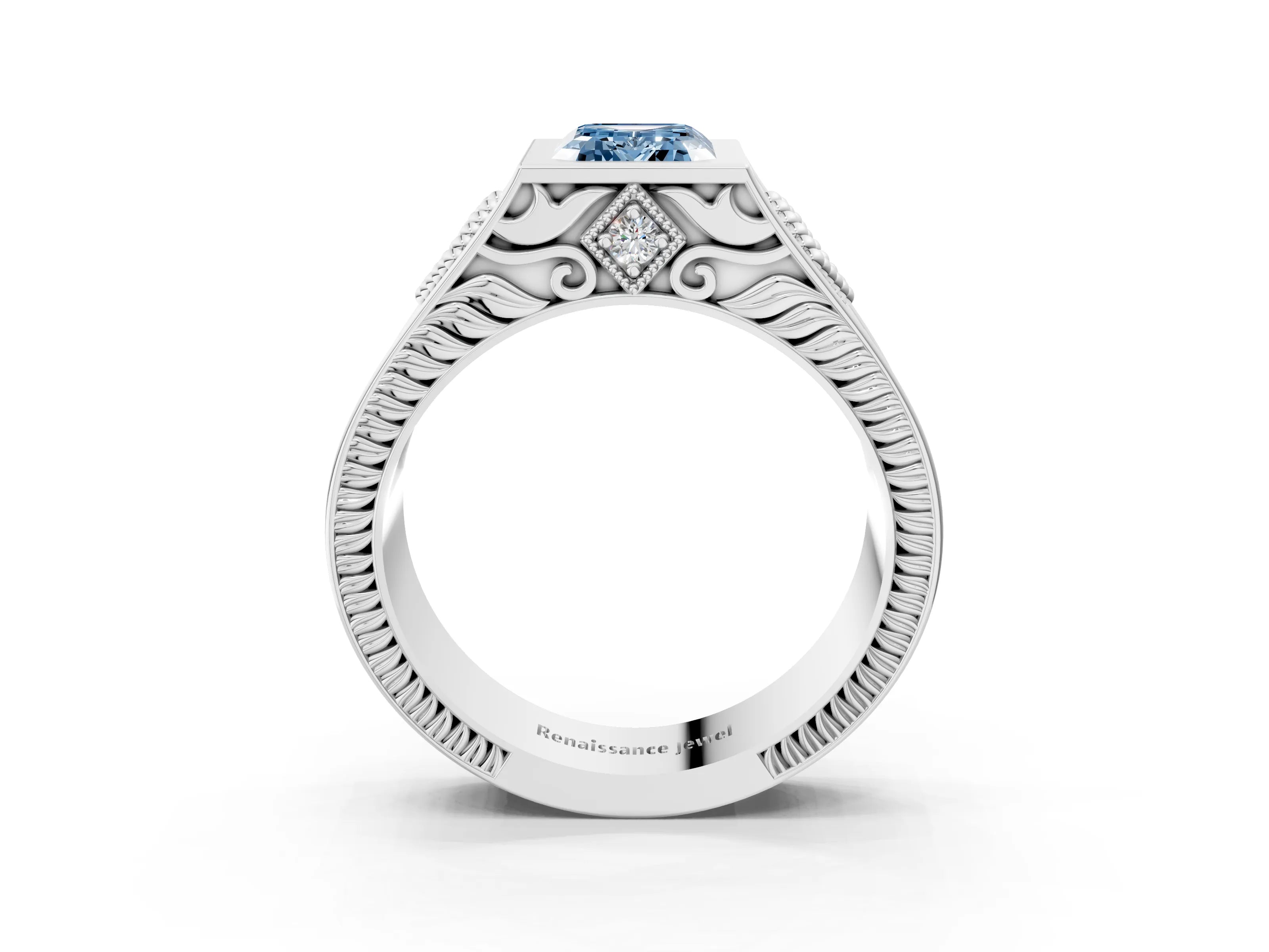 Platinum Hexagonal Bezel Fancy Blue Emerald Cut Diamond Engraved Band Prong Ring_15