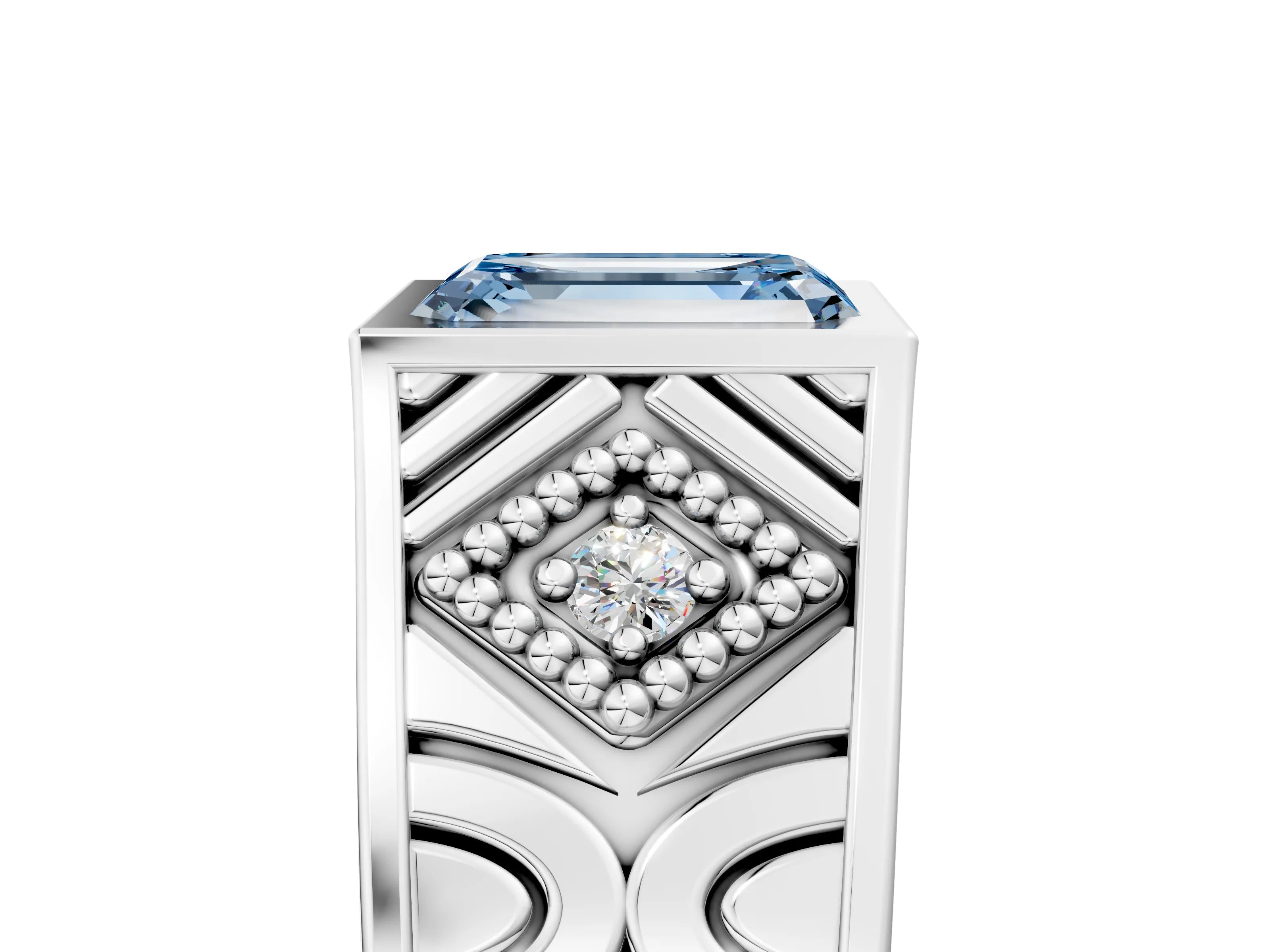 Platinum Hexagonal Bezel Fancy Blue Emerald Cut Diamond Engraved Band Prong Ring_17