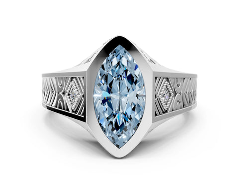 Platinum Hexagonal Bezel Fancy Blue Marquise Cut Diamond Engraved Band Prong Ring_12