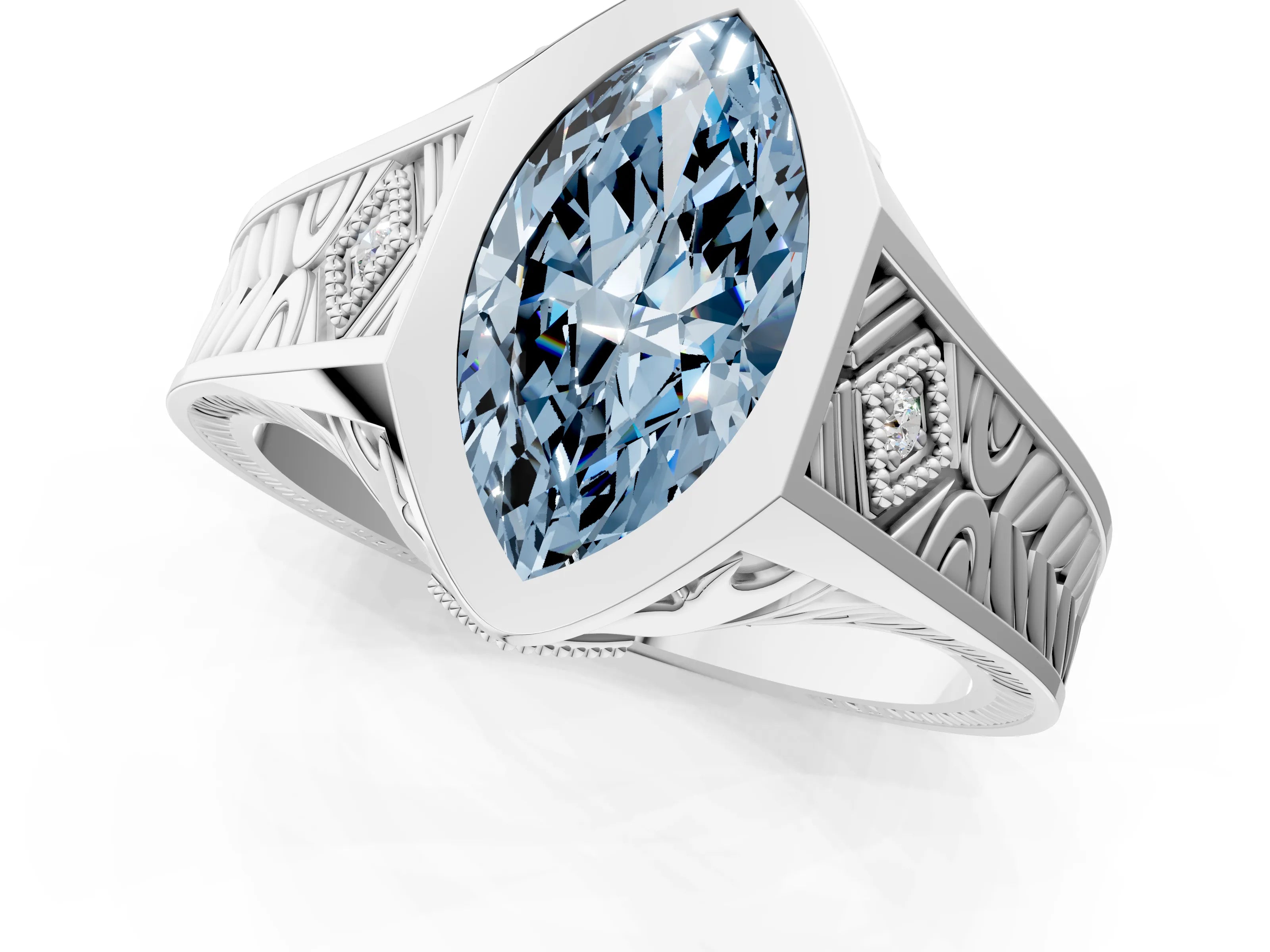 Platinum Hexagonal Bezel Fancy Blue Marquise Cut Diamond Engraved Band Prong Ring_13