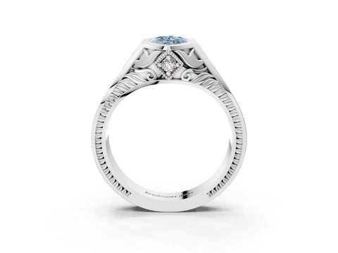 Platinum Hexagonal Bezel Fancy Blue Marquise Cut Diamond Engraved Band Prong Ring_15