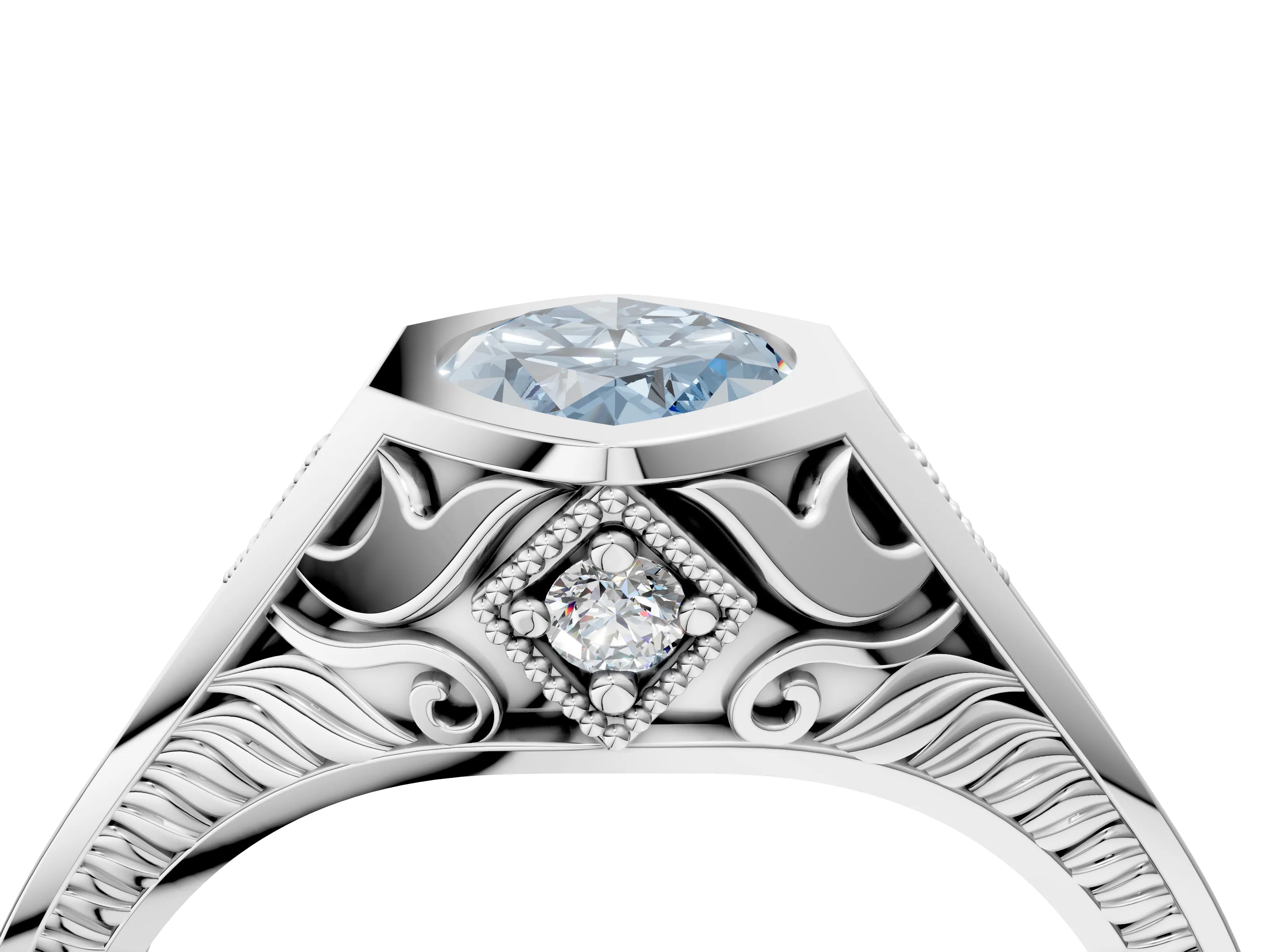 Platinum Hexagonal Bezel Fancy Blue Marquise Cut Diamond Engraved Band Prong Ring_16
