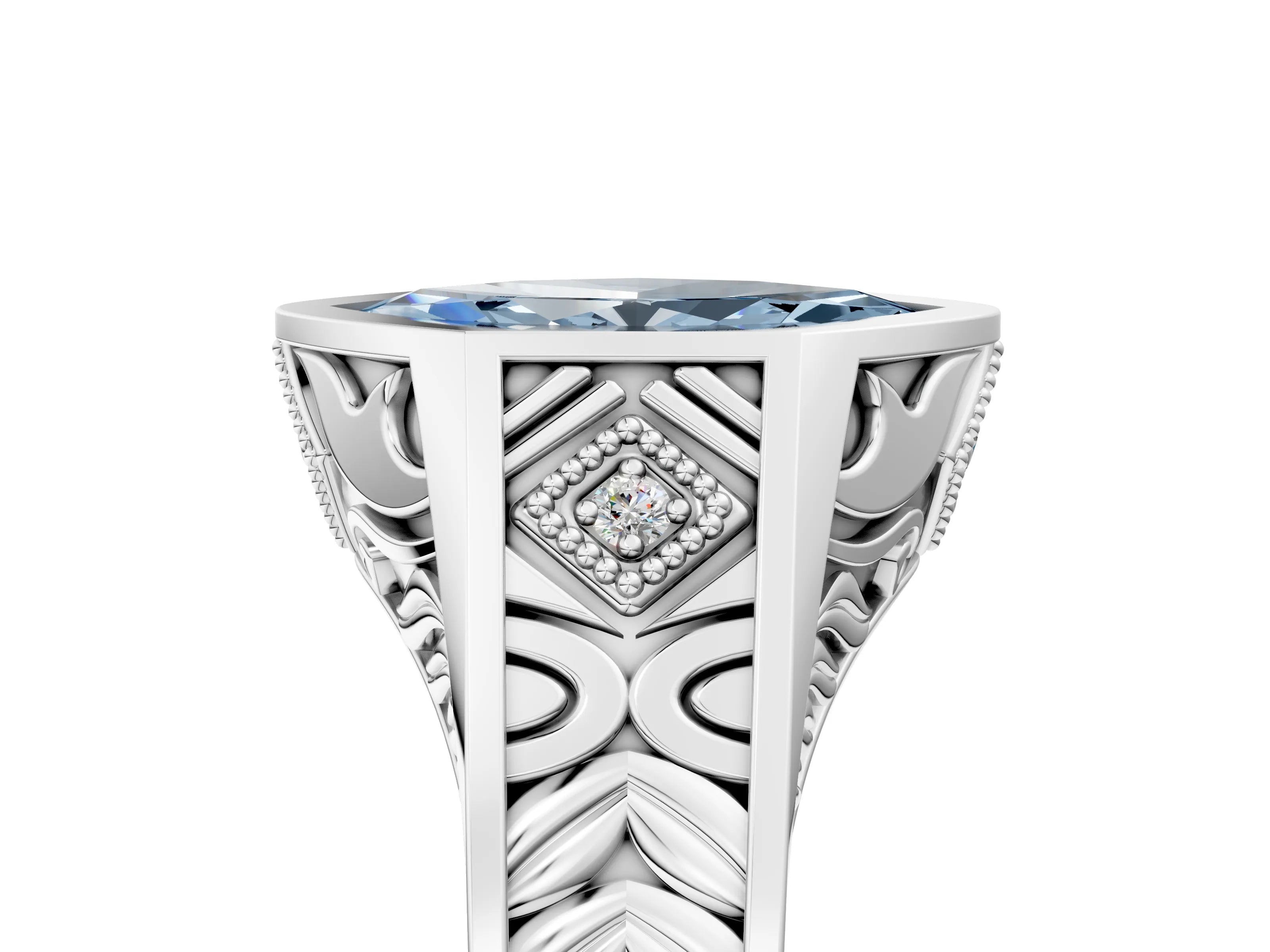 Platinum Hexagonal Bezel Fancy Blue Marquise Cut Diamond Engraved Band Prong Ring_17