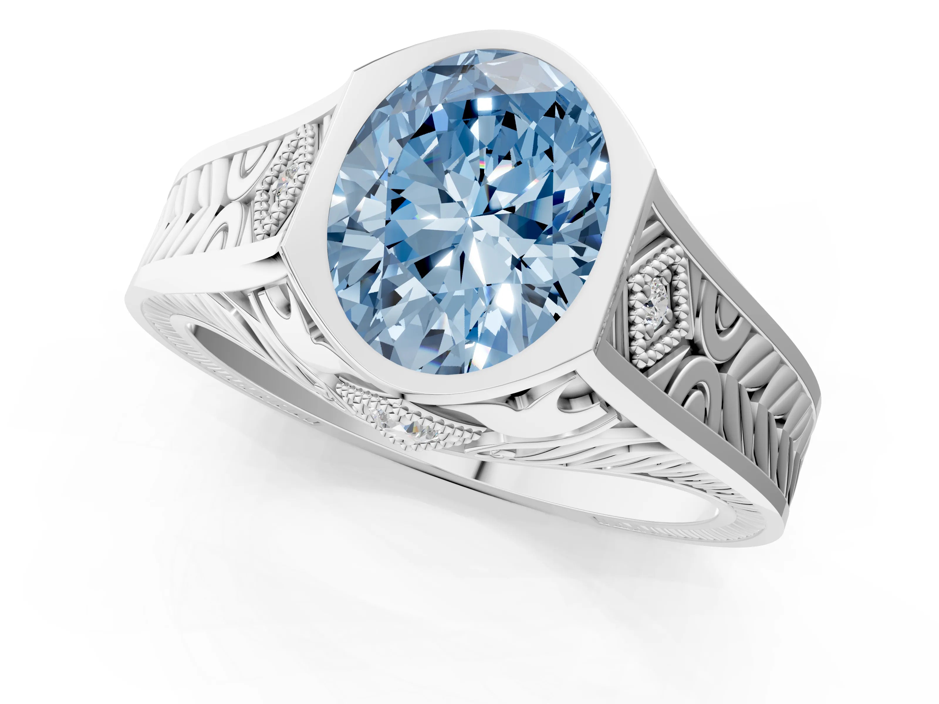 Platinum Hexagonal Bezel Fancy Blue Oval Cut Diamond Engraved Band Prong Ring_61