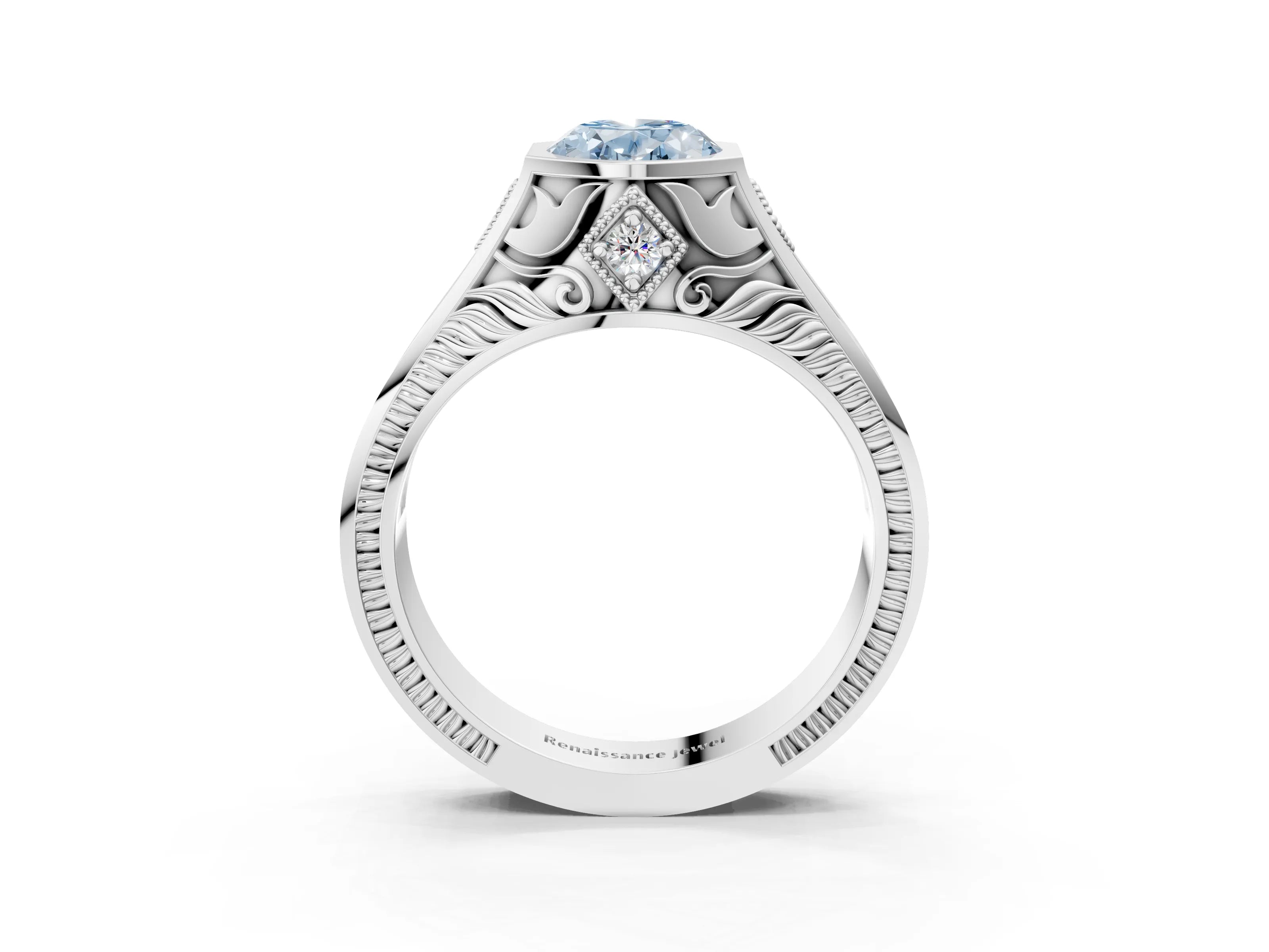 Platinum Hexagonal Bezel Fancy Blue Oval Cut Diamond Engraved Band Prong Ring_63