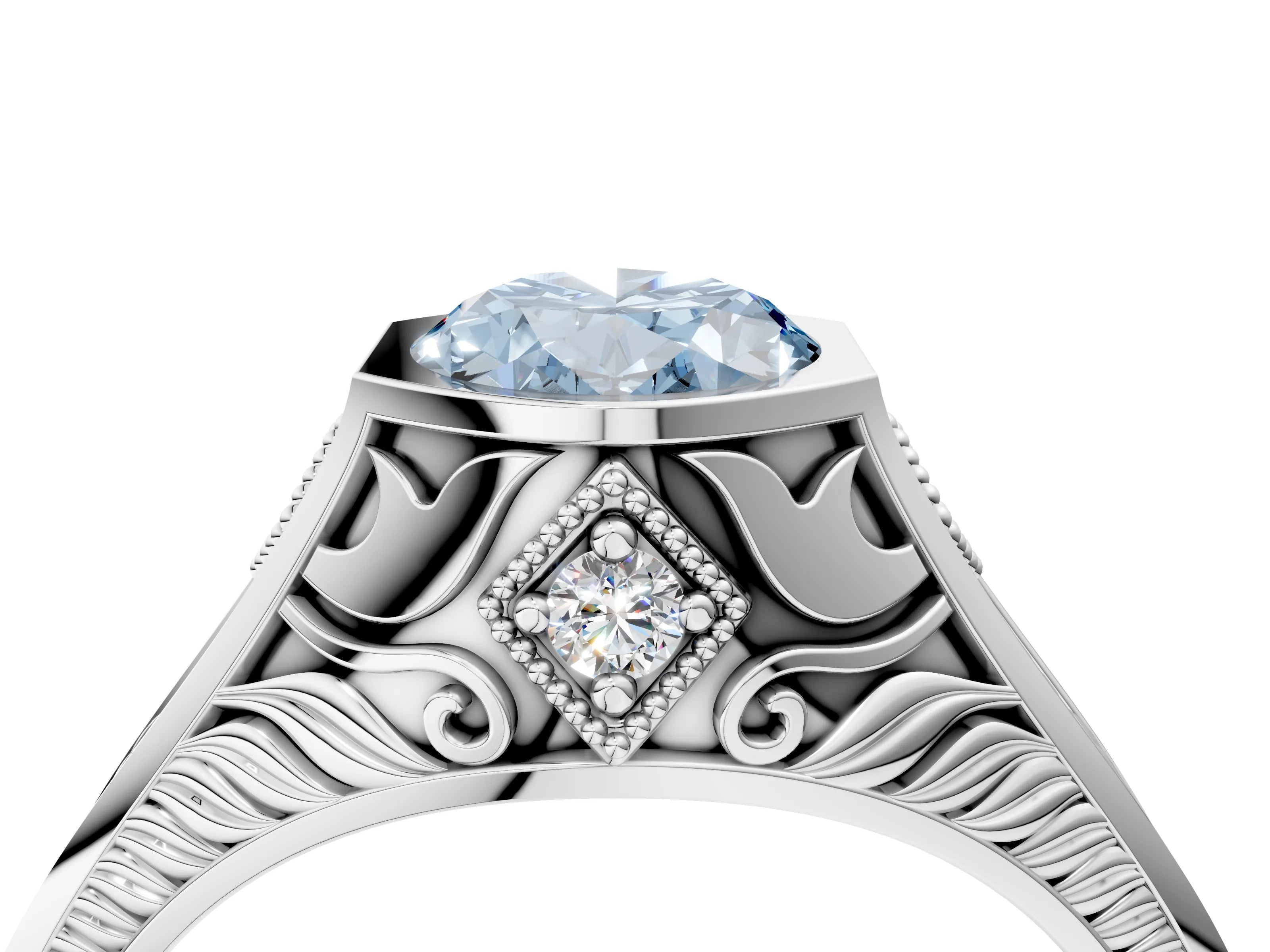 Platinum Hexagonal Bezel Fancy Blue Oval Cut Diamond Engraved Band Prong Ring_64
