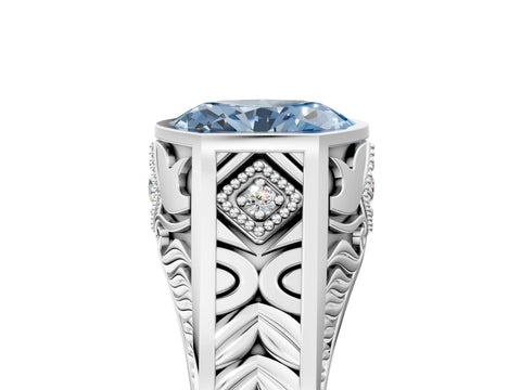 Platinum Hexagonal Bezel Fancy Blue Oval Cut Diamond Engraved Band Prong Ring_65