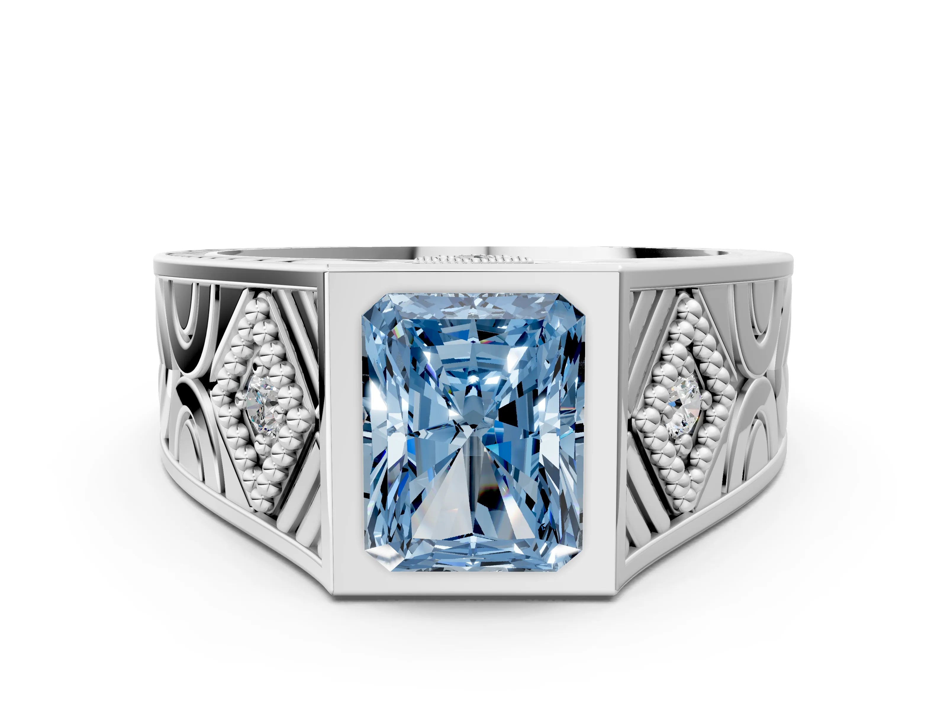 Platinum Hexagonal Bezel Fancy Blue Radiant Cut Diamond Engraved Band Prong Ring_12