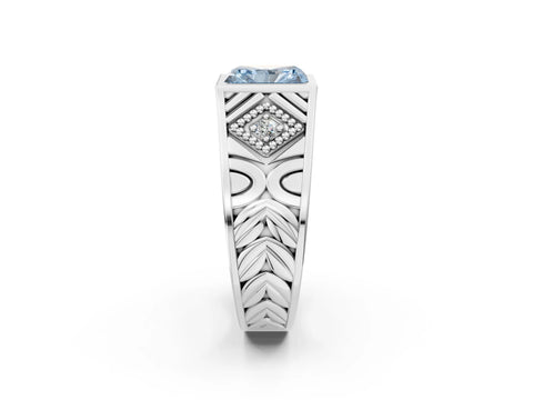 Platinum Hexagonal Bezel Fancy Blue Radiant Cut Diamond Engraved Band Prong Ring_14