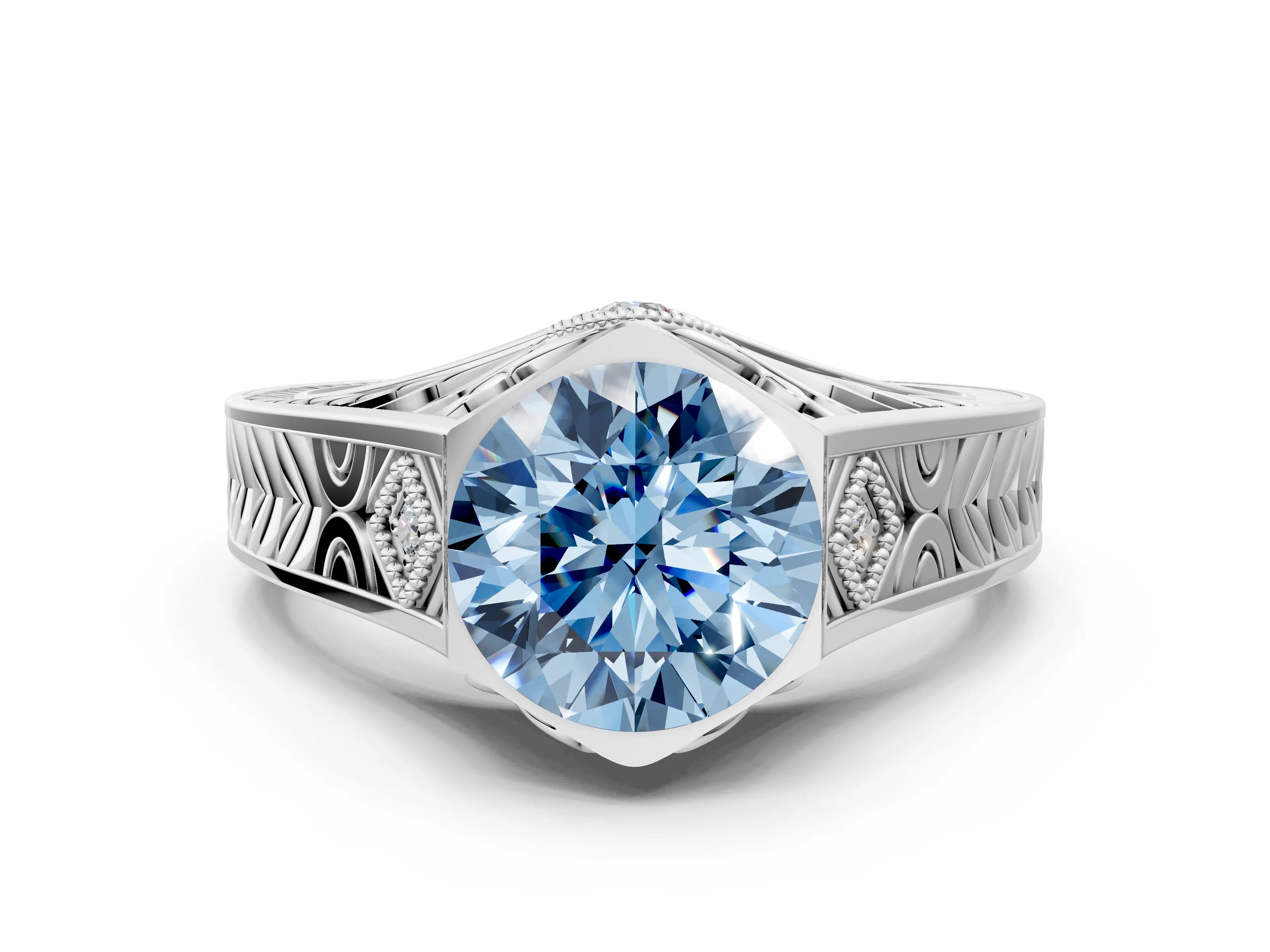 Platinum Hexagonal Bezel Fancy Blue Round Cut Diamond Engraved Band Prong Ring_36