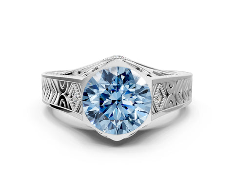 Platinum Hexagonal Bezel Fancy Blue Round Cut Diamond Engraved Band Prong Ring_36